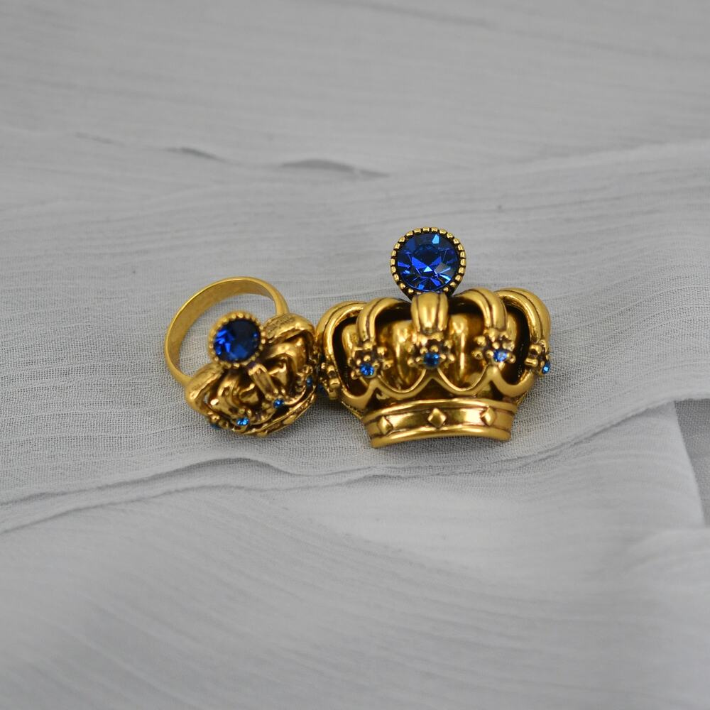 Rare Vintage Trifari TM Blue Crown Brooch Pin Ring Set Demi Parure size 6